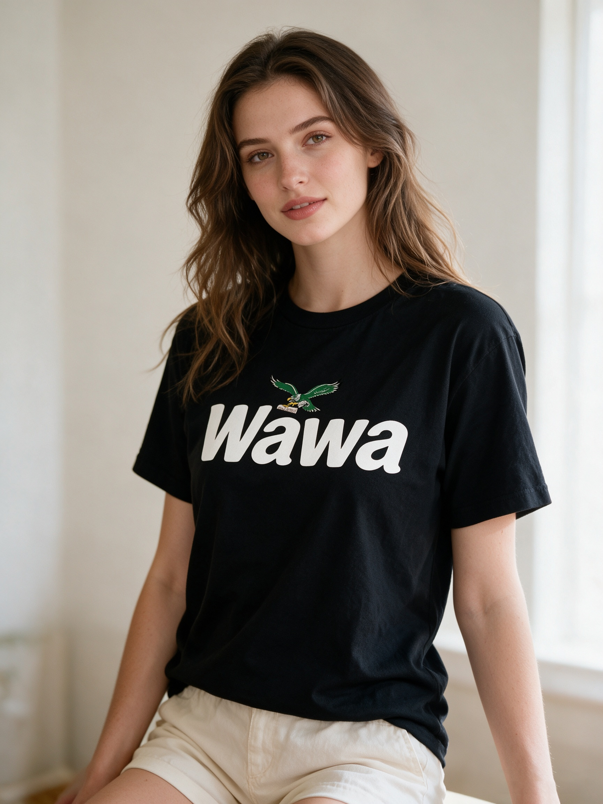 Wawa Flying Eagle Print T-Shirt – 100% Cotton Black Short-Sleeve Tee (American Fan Culture Style)