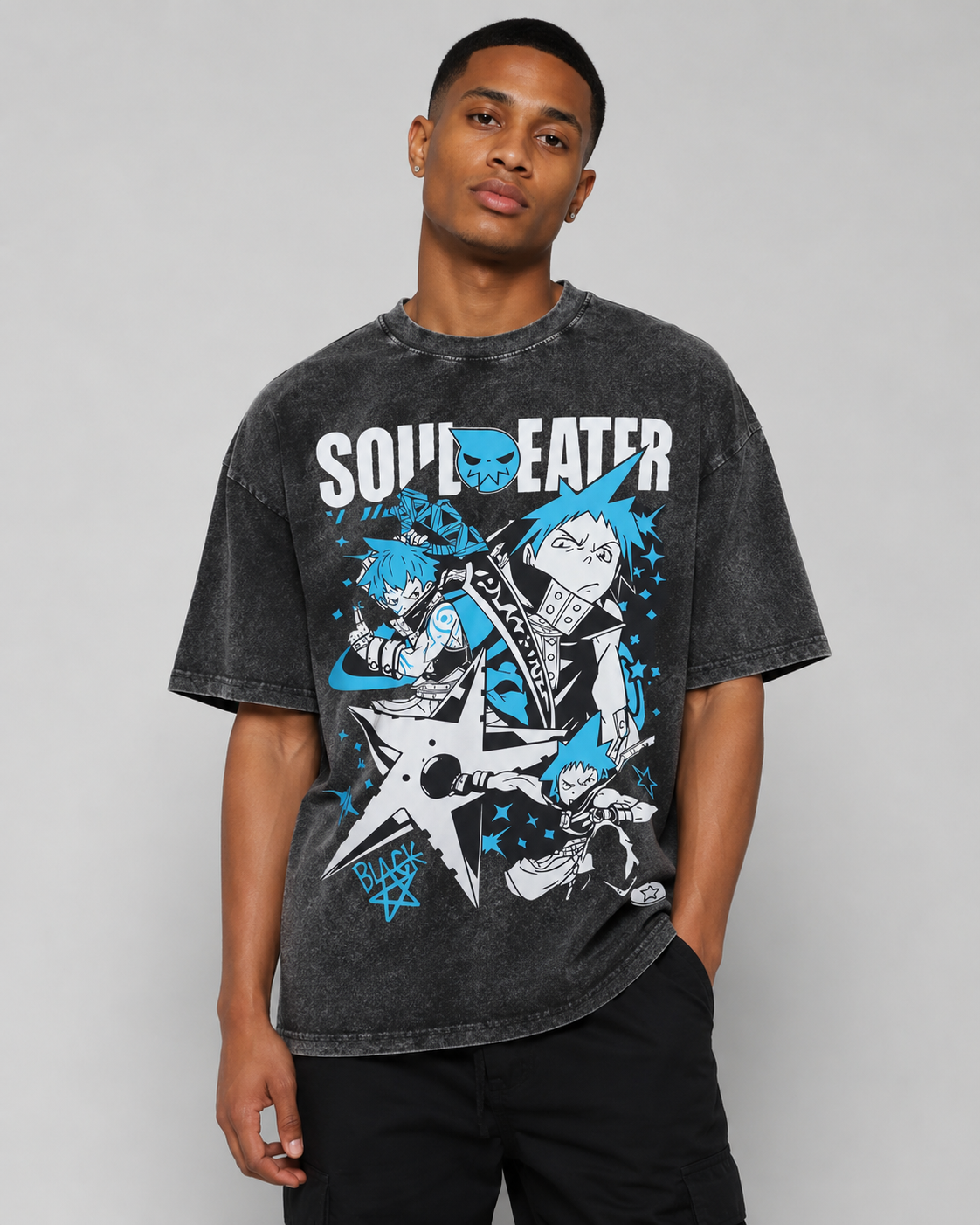 Vintage-Wash Oversized Short-Sleeve T-Shirt | Soul Eater Anime Print | Unisex American-Style Loose Fit