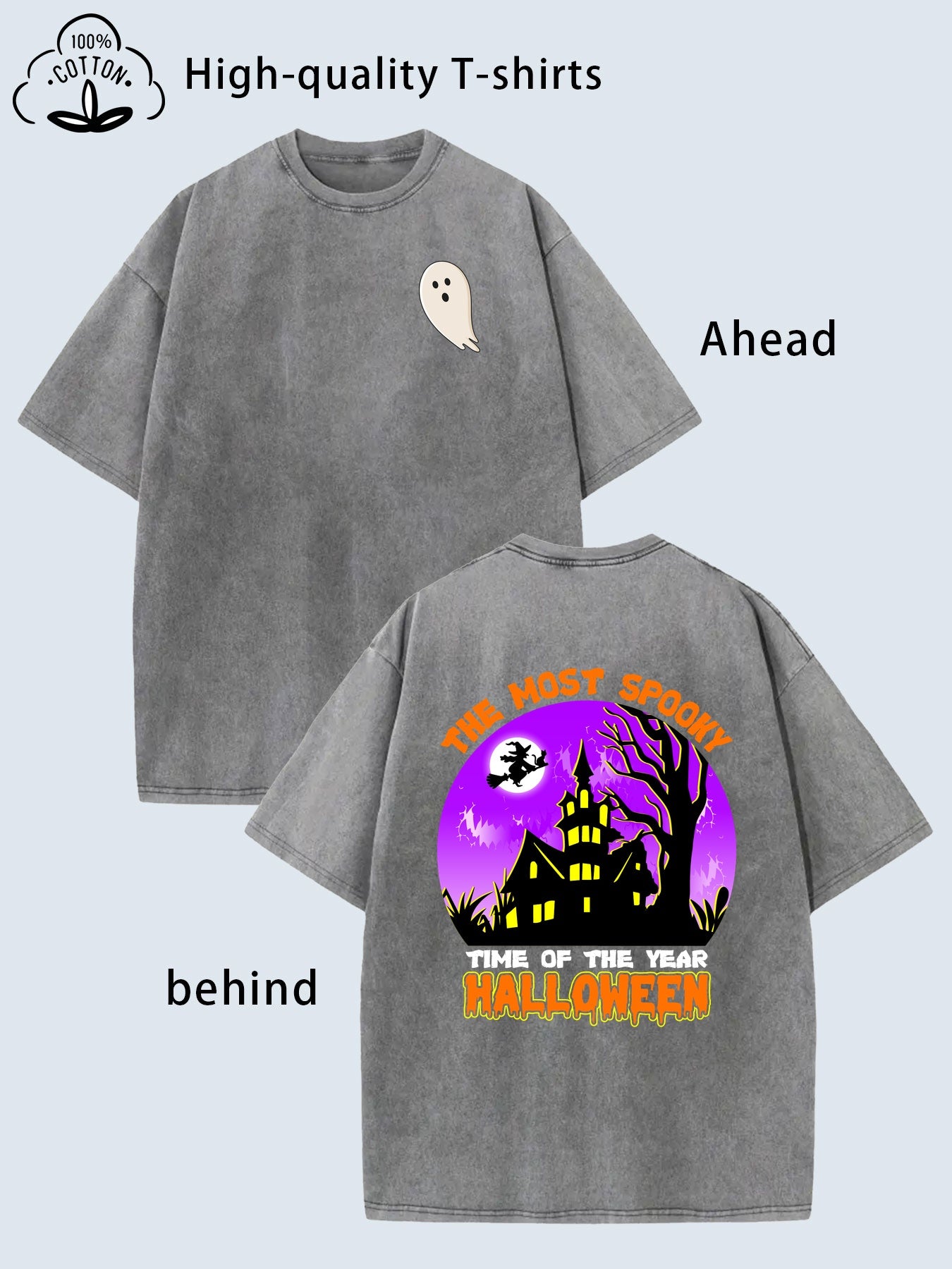 Halloween Theme Front and Back Pattern Print Men'S Fashion | High-Quality Heavy Washed Vintage Distressed Crew Neck Loose Fit Short Sleeve, Street Retro Style Trendy Men'S Clothing