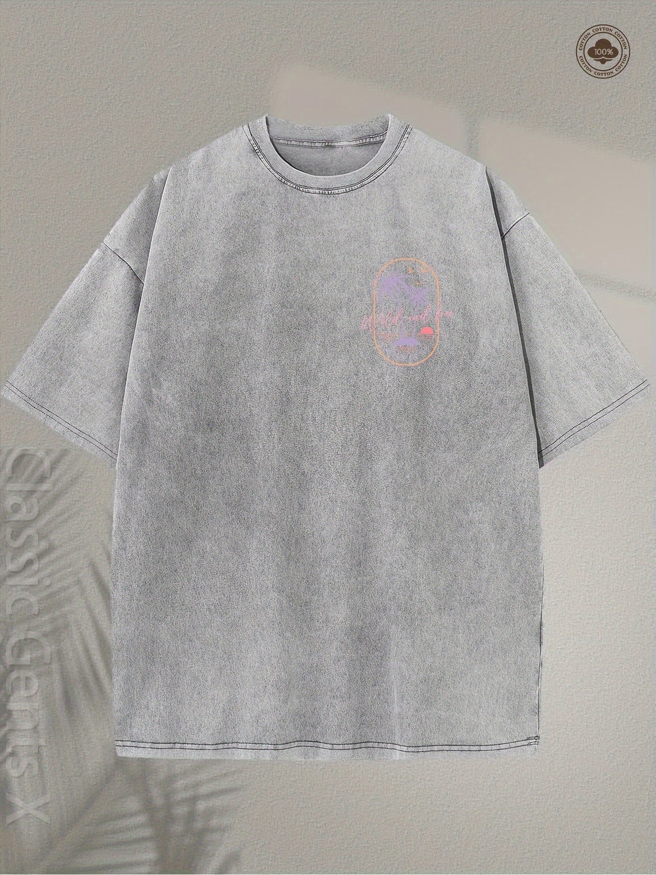 Men's Heavyweight 230g 100% Cotton T-Shirt - Vintage Surf Style with Tropical Palm Tree & Surfboard Print, Light Pink & Orange Retro Beach Design, Loose Fit Short Sleeve Tee for Surfing, Vacation, Casual Wear - Ideal Surf Gift