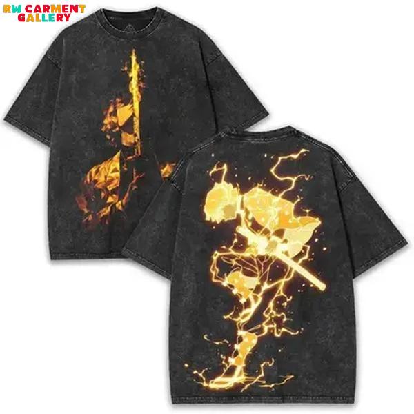 Retro Vintage Limited Zenitsu Demon Slayer Samurai Anime Double-Sided Printed Oversized Washed Graphic T-Shirt, Casual Y2K Oversize Anime Manga Acid Wash Graphic Tee, Unisex Cotton Streetwear Otaku Top Fit, Gift For Fan Anime Lover