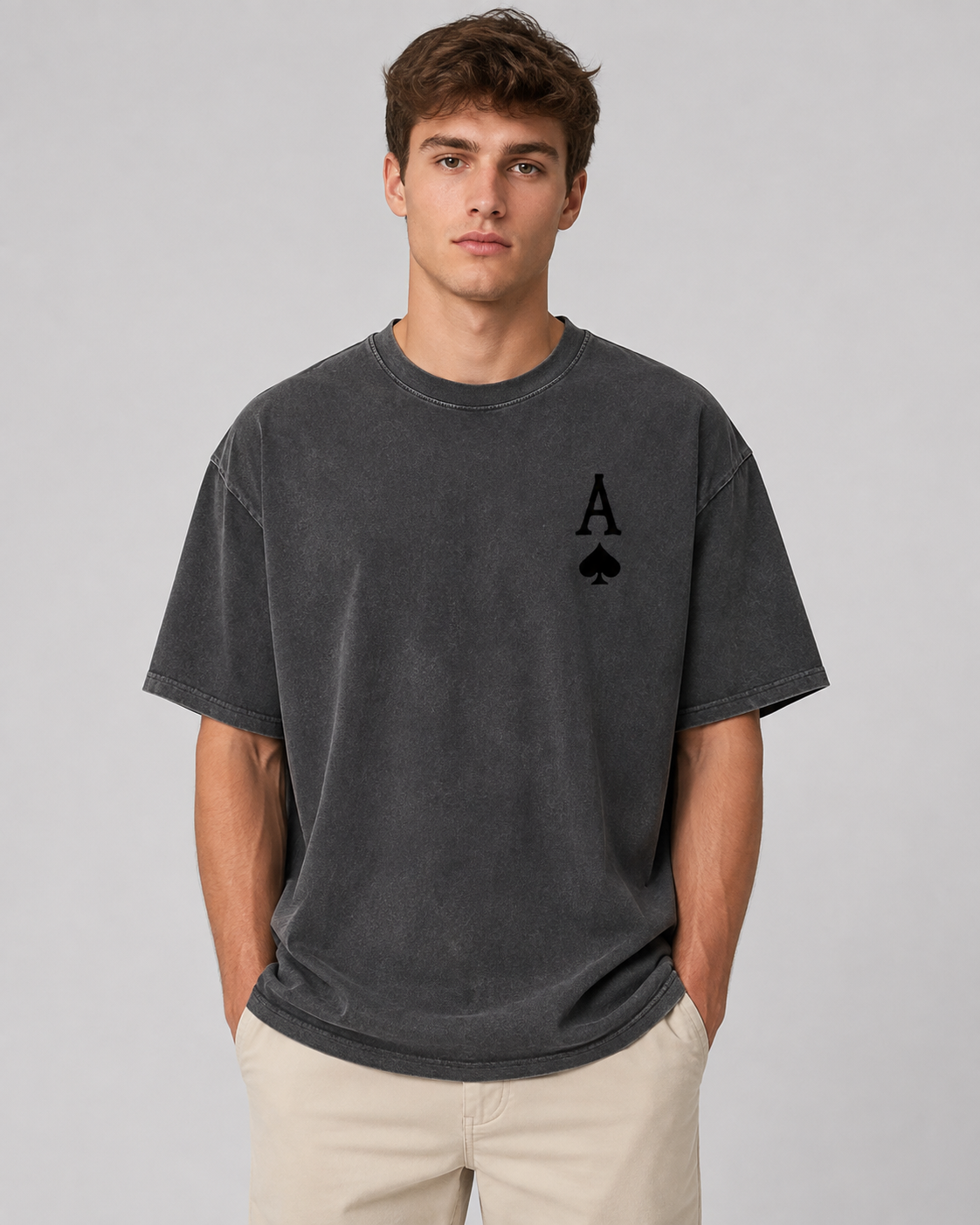 American-style acid-washed distressed Ace of Spades playing card print short-sleeved T-shirt, heavyweight vintage wash, oversized, loose fit, unisex.