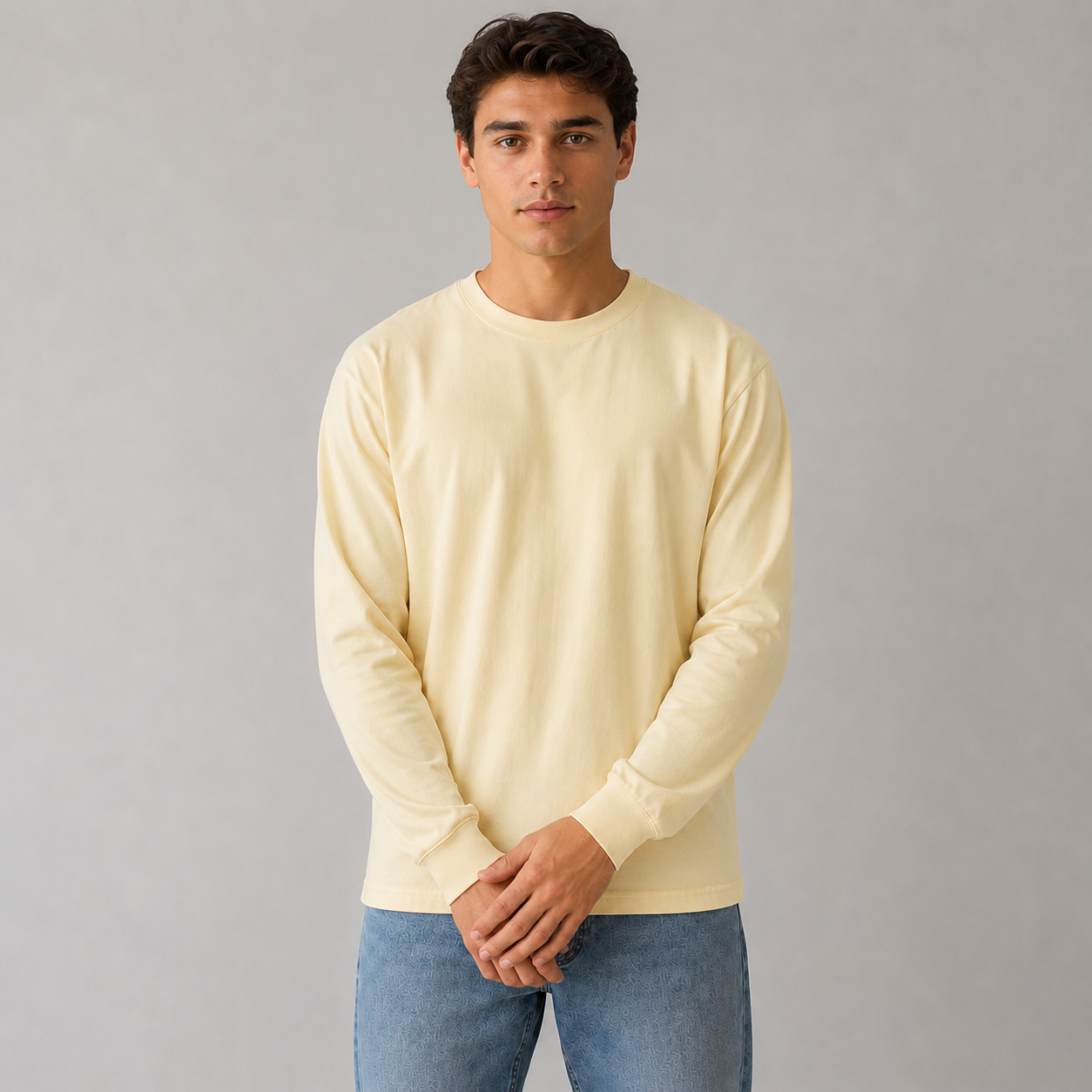 Men's apricot pure cotton crew-neck T-shirt—easy to style all year round.
