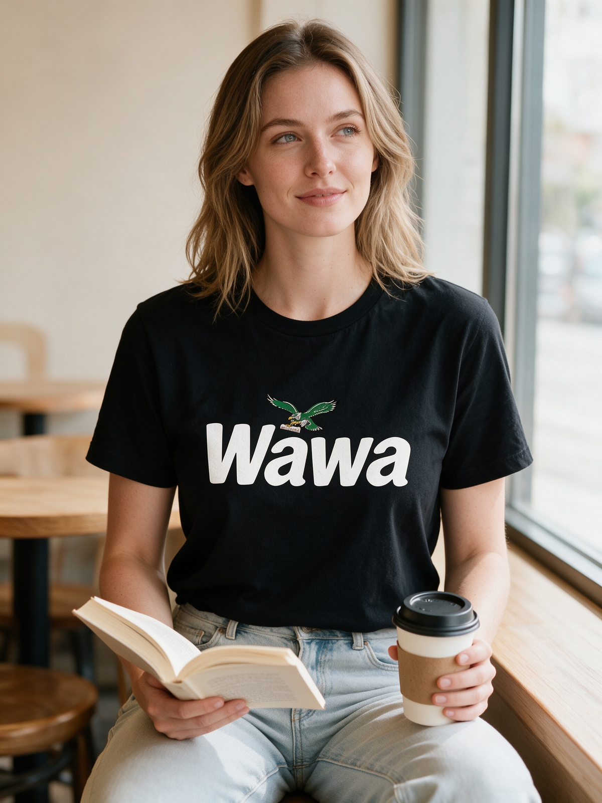 Wawa Flying Eagle Print T-Shirt – 100% Cotton Black Short-Sleeve Tee (American Fan Culture Style)