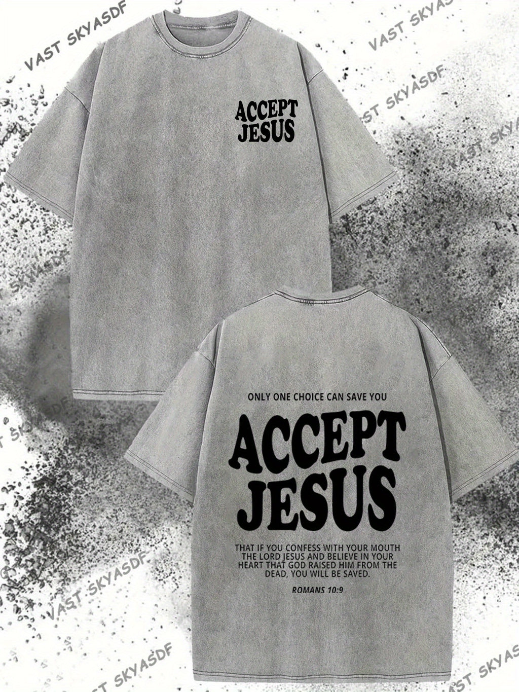 Men'S 230g Washed T-Shirt | Double-Sided "Accept " and Romans 10:9 Print, Vintage Casual Short Sleeve, Summer Beach Outdoor Vacation Gift, Machine Washable, Vintage Style Beachwear, Distressed Effect, Soft Fabric, Crew Neck, All-Season