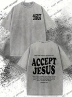 Men'S 230g Washed T-Shirt | Double-Sided "Accept " and Romans 10:9 Print, Vintage Casual Short Sleeve, Summer Beach Outdoor Vacation Gift, Machine Washable, Vintage Style Beachwear, Distressed Effect, Soft Fabric, Crew Neck, All-Season