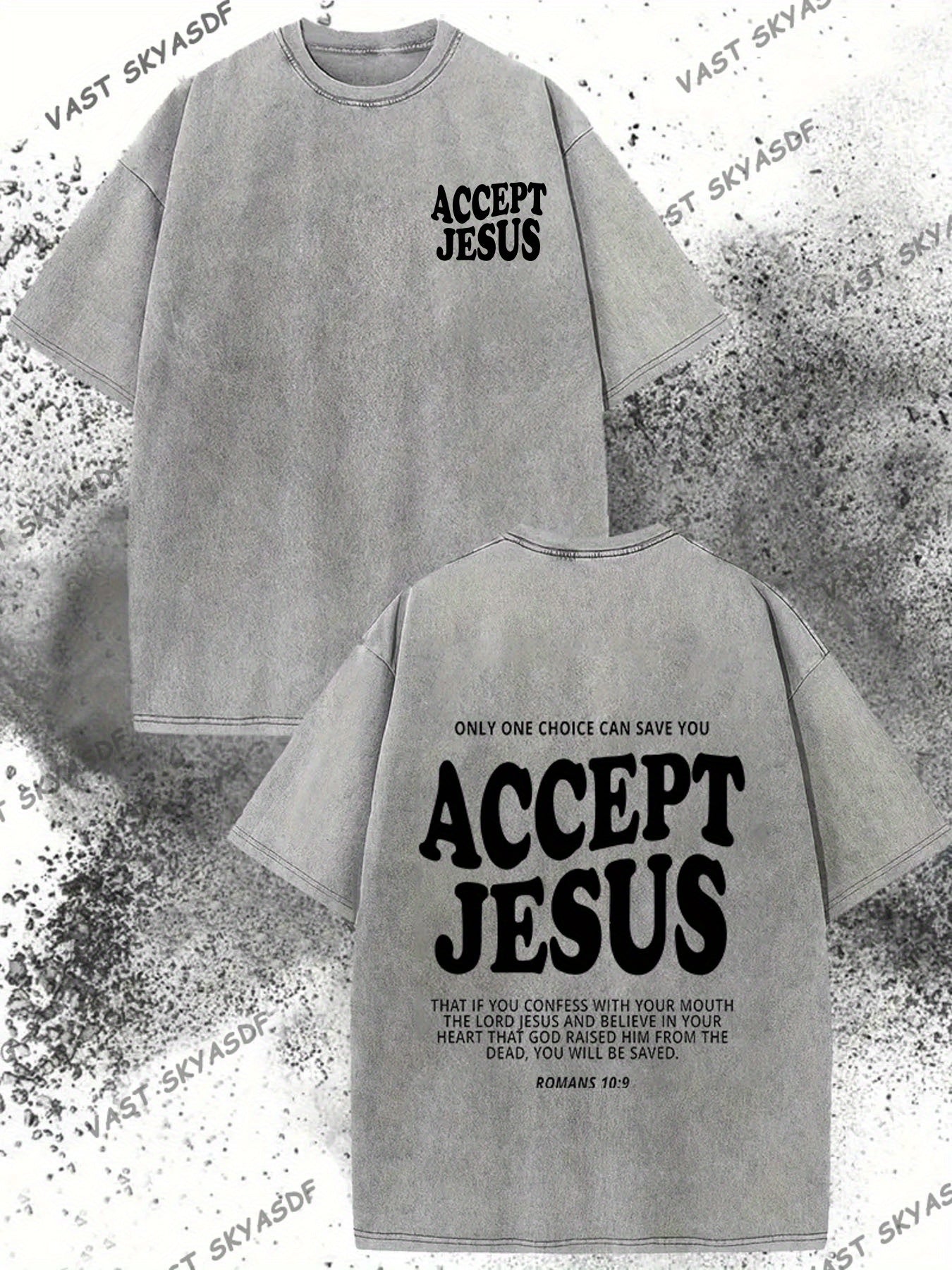Men'S 230g Washed T-Shirt | Double-Sided "Accept " and Romans 10:9 Print, Vintage Casual Short Sleeve, Summer Beach Outdoor Vacation Gift, Machine Washable, Vintage Style Beachwear, Distressed Effect, Soft Fabric, Crew Neck, All-Season