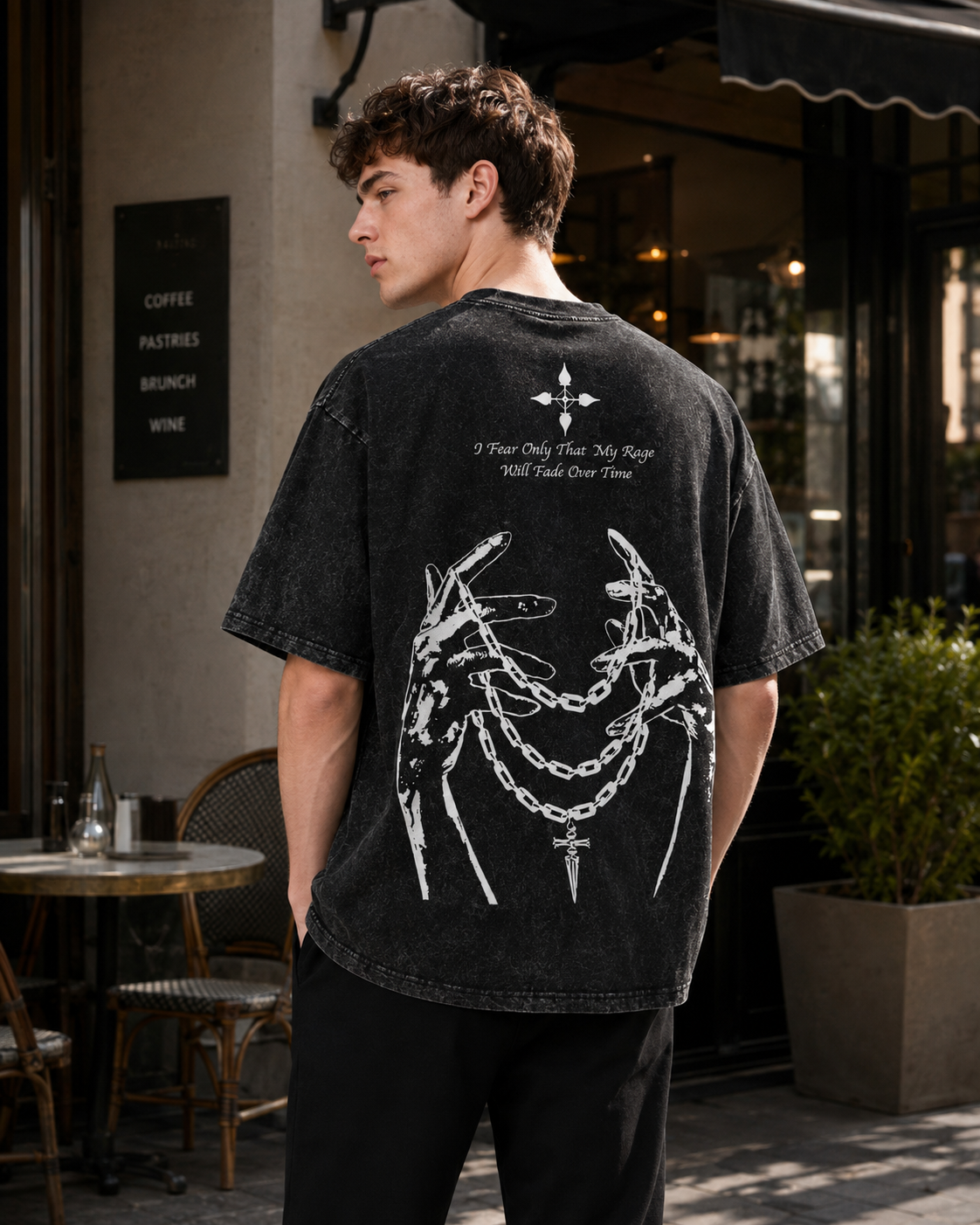 Vintage-Wash Short-Sleeve T-Shirt | Dark Subculture Graphic (Spider, Chains, Hands, Cross) — Double-Sided Print — Unisex Oversized Fit