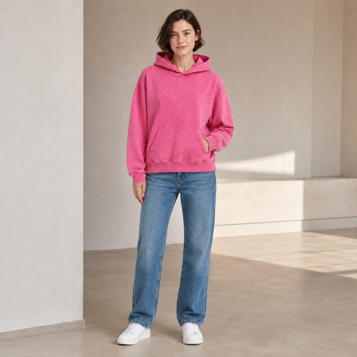 Vintage-wash distressed hooded sweatshirt—a versatile, relaxed-fit casual jacket with a laid-back, dropped-shoulder style.