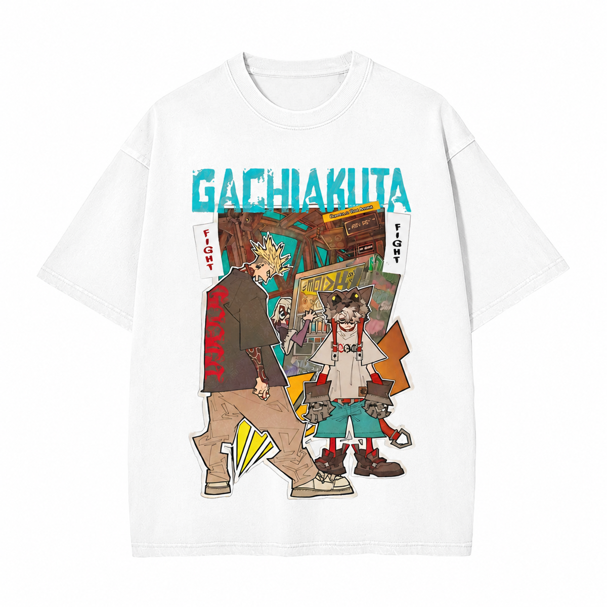 American-style acid-washed distressed Japanese street style anime character print short-sleeved T-shirt, heavyweight retro wash, oversized, loose fit, unisex.