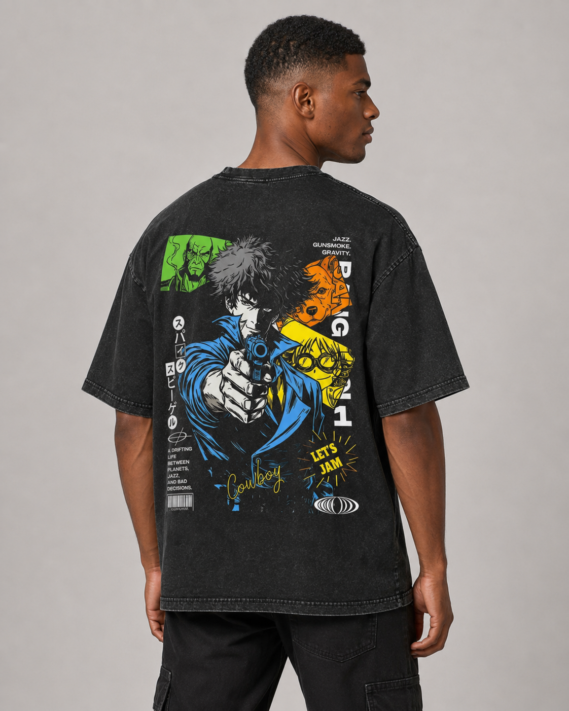 Vintage-Wash Short-Sleeve T-Shirt | Cowboy Bebop Double-Sided Print (Retro Cyber-Manga Style) | Unisex Oversized Fit