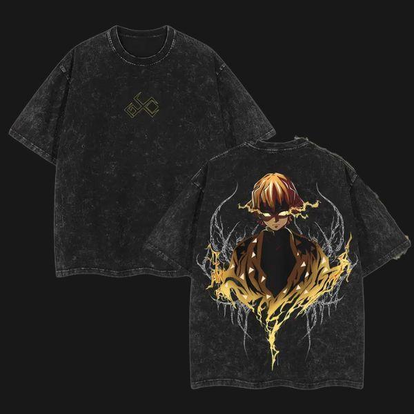 Couple Vintage Washed Printed T Shirt Featuring Anime Character Flame Design With Distressed Texture Round Neck Short Sleeve Regular Length Relaxed Fit Hem Detail Graphic Artwork