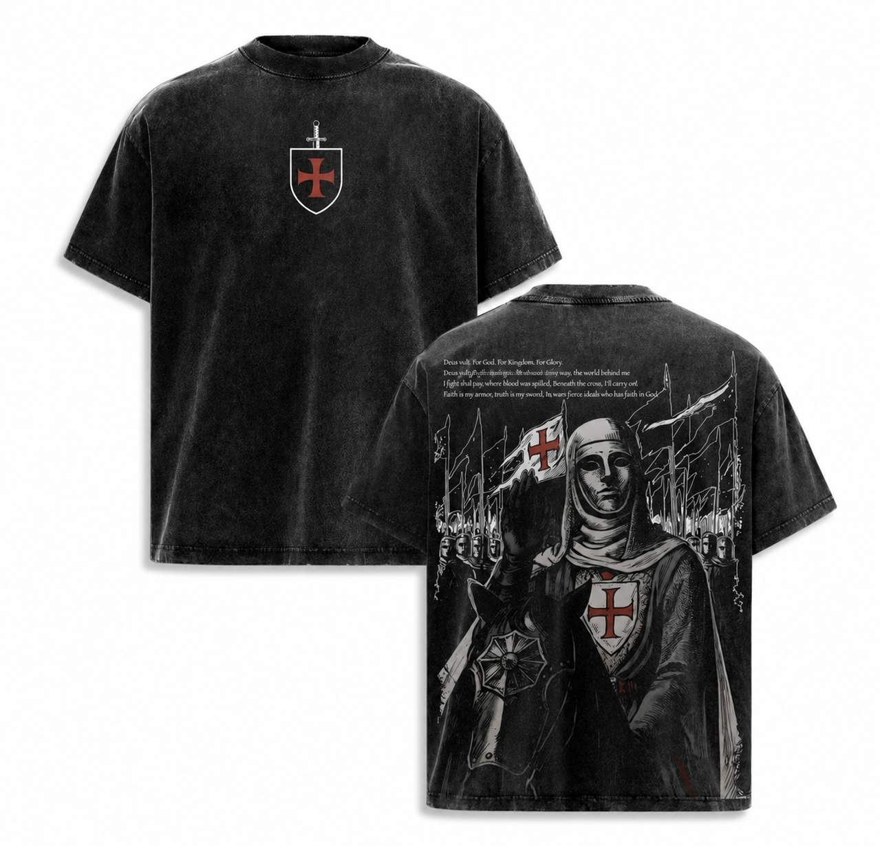 Vintage-Washed Black T-Shirt – Templar Red Cross Shield & Medieval Crusader – Gothic Wasteland Style – Unisex Loose-Fit Streetwear Short-Sleeve Tee