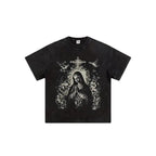 Percent Cotton Heavy Weight Washed Black Short Sleeve Religious Trendy T Shirt Virgin Mary Pattern with Cross Tee Fabric Menswear Top Alternative Casual Loose-Fitting Crew Neck Machine Washable Seamless Smooth Traditional Tropical Shortsleeve