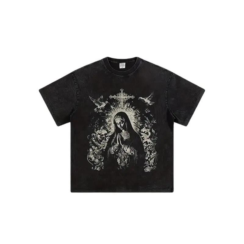 Percent Cotton Heavy Weight Washed Black Short Sleeve Religious Trendy T Shirt Virgin Mary Pattern with Cross Tee Fabric Menswear Top Alternative Casual Loose-Fitting Crew Neck Machine Washable Seamless Smooth Traditional Tropical Shortsleeve