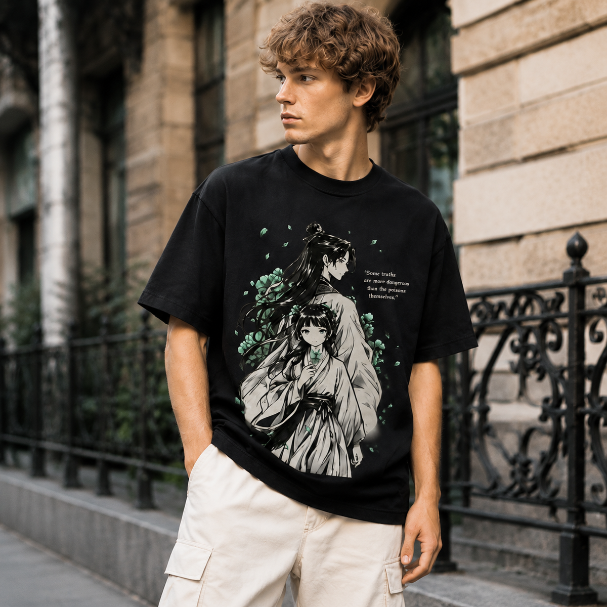 Double-Sided Print "The Apothecary Diaries" Anime Character T-Shirt – Heavyweight Pure Cotton, Oversized/Loose Fit, Short-Sleeve – Retro-Style "Guofeng" (Chinese-Style) Anime Graphic Tee