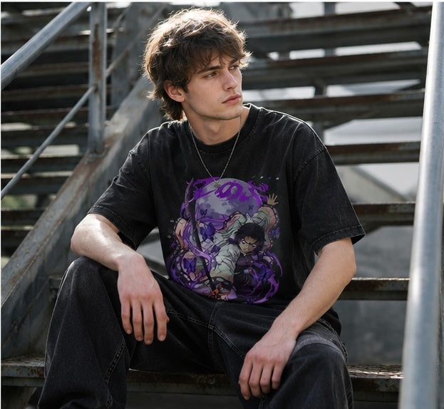 Vintage-Wash Oversized Short-Sleeve T-Shirt | *Demon Slayer* Shinobu Kocho (Purple Moon & Butterfly) Graphic — Unisex High-Street Style