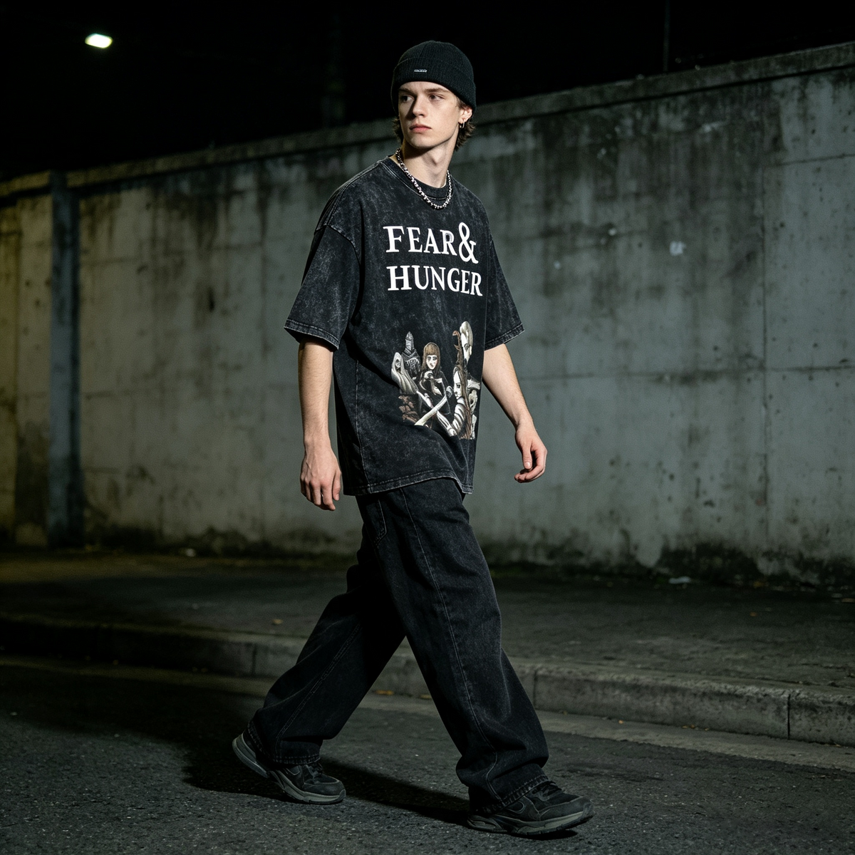 Washed and distressed Fear & Hunger themed short-sleeved T-shirt, American retro heavyweight loose high-street style, oversized, unisex.