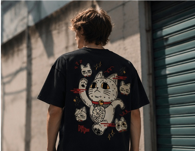 Vintage-Wash Short-Sleeve T-Shirt | *Dandadan* Maneki-neko Double-Sided Anime Print – Unisex Oversized Fit