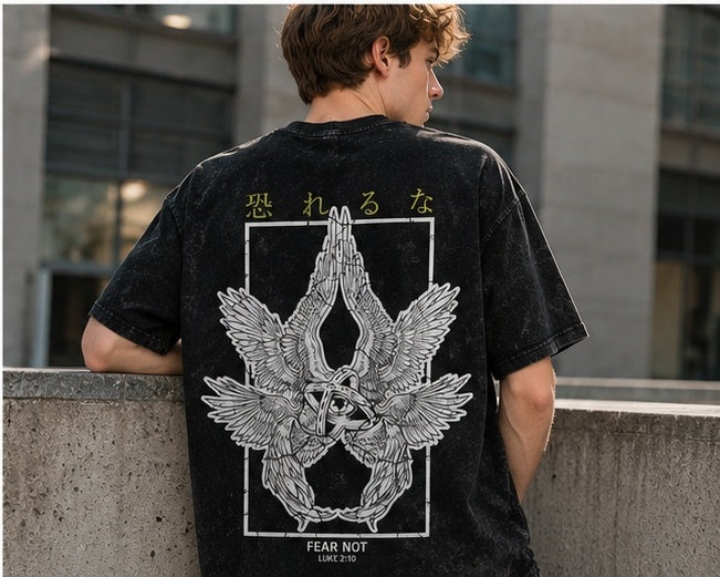 Vintage-Wash Short-Sleeve T-Shirt | FEAR NOT "Angel Prayer" – Double-Sided Religious Scripture Print – Unisex Oversized Fit