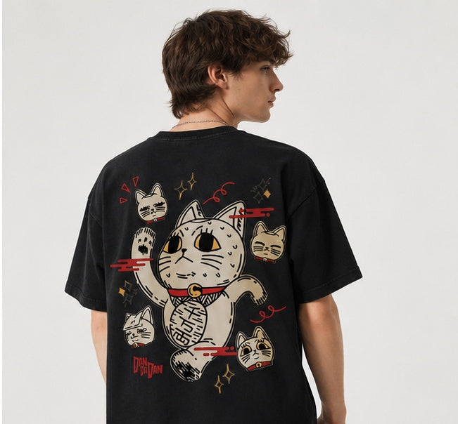 Vintage-Wash Short-Sleeve T-Shirt | *Dandadan* Maneki-neko Double-Sided Anime Print – Unisex Oversized Fit