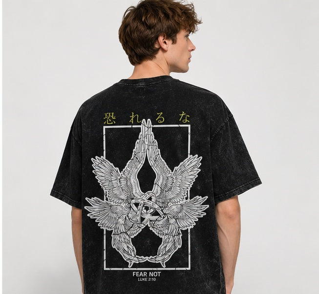 Vintage-Wash Short-Sleeve T-Shirt | FEAR NOT "Angel Prayer" – Double-Sided Religious Scripture Print – Unisex Oversized Fit