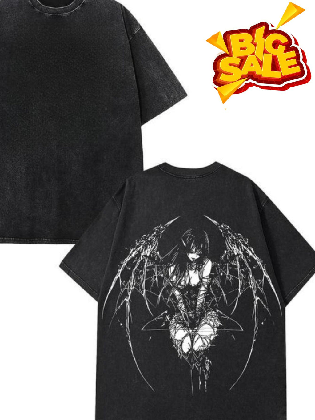 BoohooMan Gothic Y2K Anime Angel T-Shirt - Oversized Black with White Wings Print, Washed Vintage Machine Washable Gift