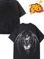 BoohooMan Gothic Y2K Anime Angel T-Shirt - Oversized Black with White Wings Print, Washed Vintage Machine Washable Gift