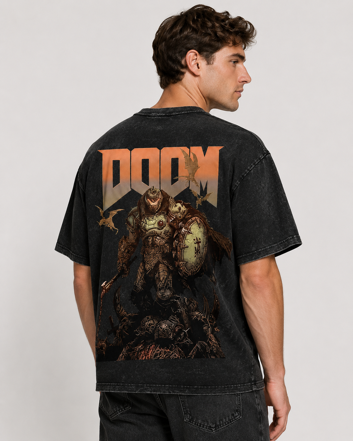 American-style acid-washed distressed DOOM game print short-sleeved T-shirt, heavyweight retro wash, oversized, loose fit, unisex.