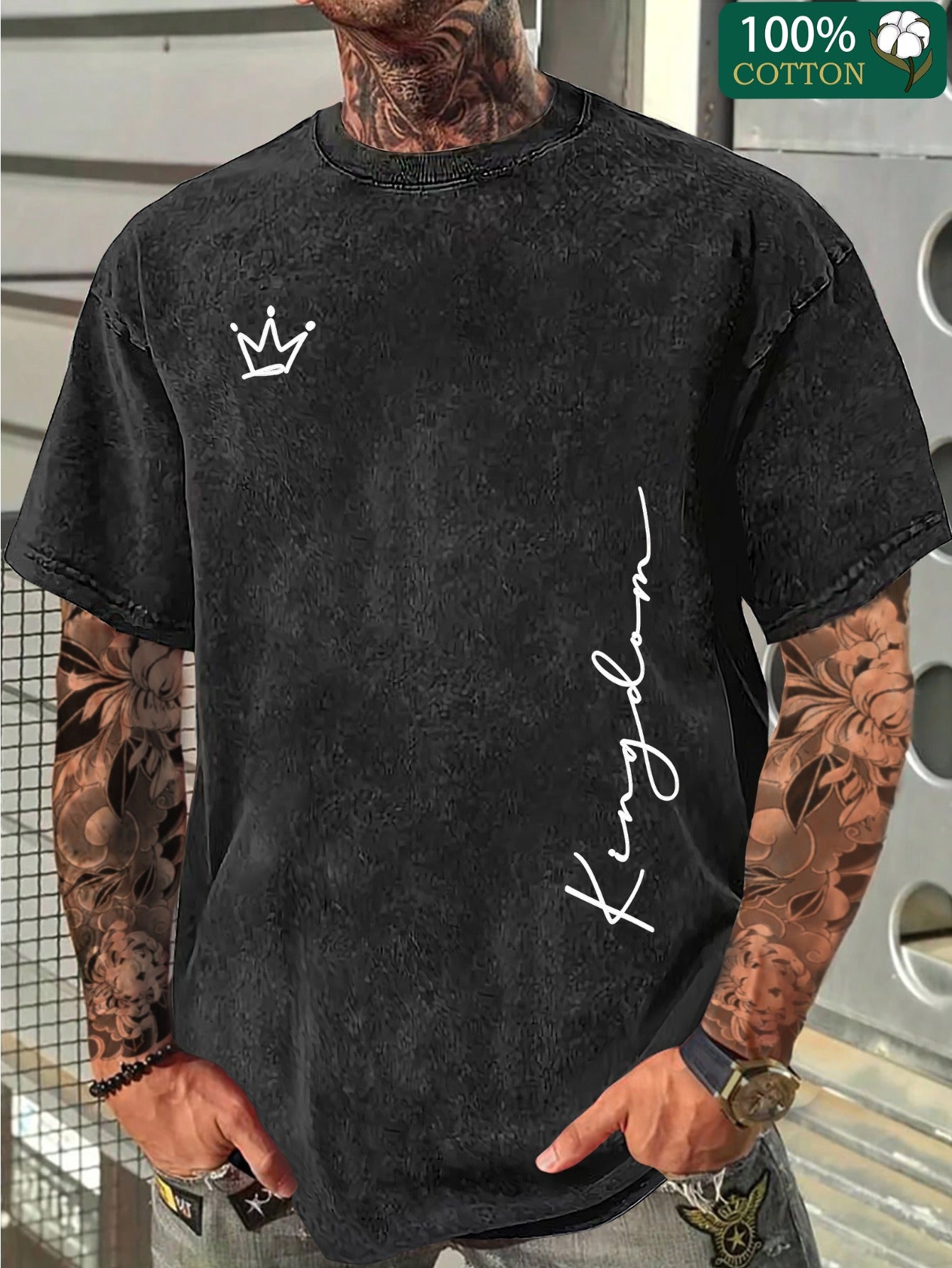 Luo Eise Men's Heavyweight 250gsm 100% Cotton Vintage T-Shirt with Crown & Letter Print, Breathable Round Neck Short Sleeve Casual Tee for Summer Streetwear, Retro Washed for all-Season1:1
