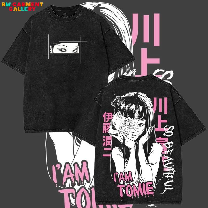Retro Limited I am Tomie Kawakami - Junji Ito Anime Double-Sided Printed Vintage Oversized Washed Graphic T-Shirt, Casual Y2K Oversize Anime Manga Acid Wash Graphic Tee, Unisex Cotton Streetwear Otaku Top Fit, Gift For Fan Anime Lover