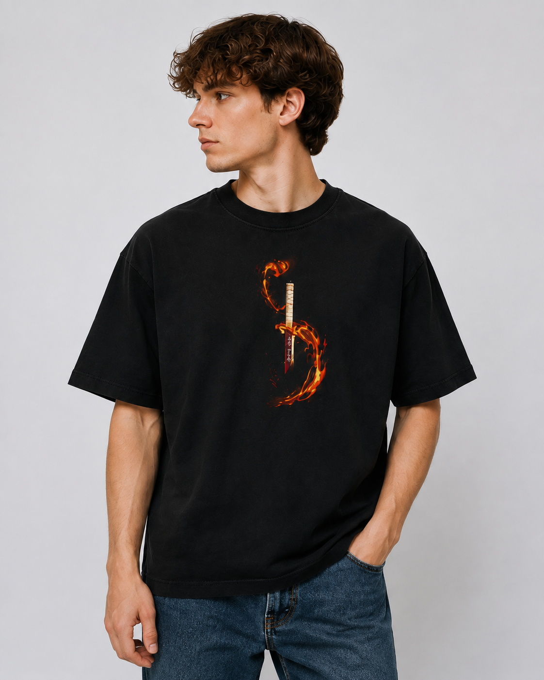 Distressed Black Anime-Themed Short-Sleeve T-Shirt – 100% Cotton, Oversized, Double-Sided Print – Casual Retro Style for Fans