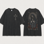 Distressed, vintage-style washed T-shirt featuring a Madonna, floral, and cross print; unisex short-sleeve design.