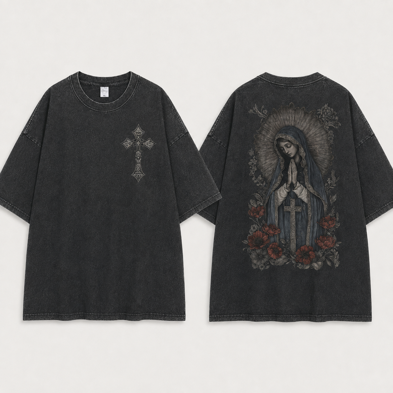 Distressed, vintage-style washed T-shirt featuring a Madonna, floral, and cross print; unisex short-sleeve design.