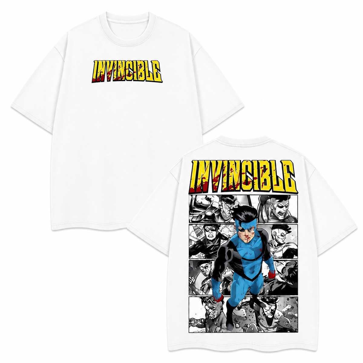 Vintage-style stone-washed short-sleeve tee featuring "Invincible" comic panel prints; a heavyweight, drop-shoulder, American superhero-inspired streetwear top.