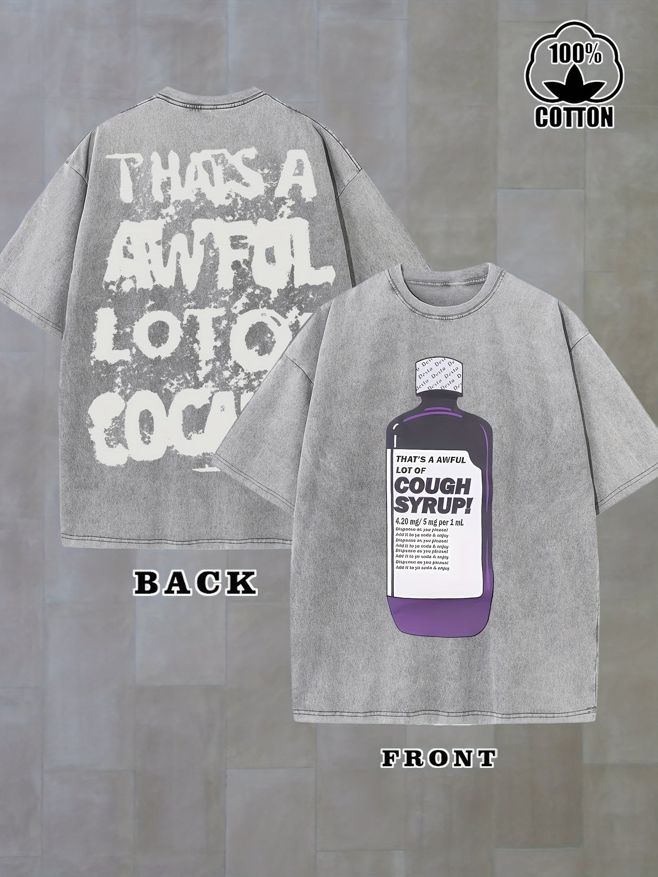 Men'S 230g Washed Soft Retro Street Style Cough Syrup Pattern and "Too Much" Print Short Sleeve Shirt | 100% Pure, Crew Neck, Distressed Texture, Breathable Fabric, Perfect for All-Season Wear