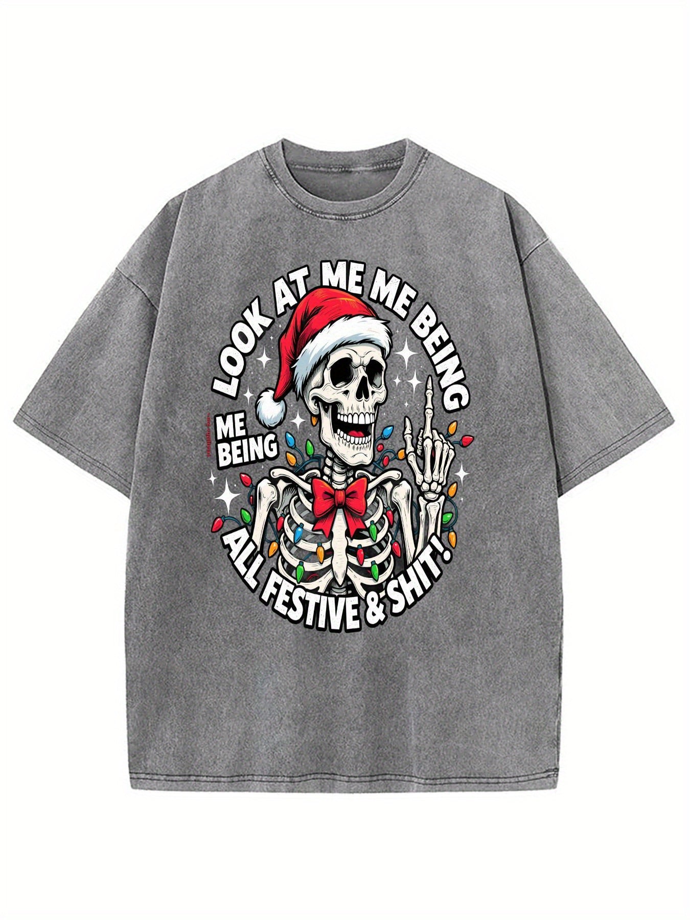 Funny and Sarcastic Christmas "Look How Festive I Am" Slogan | Soft Breathable Blend Loose Casual Black and Blue Retro Washed Crew Neck Unisex Adult Casual Party Wear | Trendy Humorous Christmas Party Outfit, Machine Washable