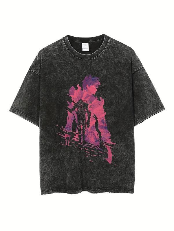 Couples Vintage Washed Printed T Shirt Featuring Abstract Flame Silhouette Design With Vibrant Pink And Purple Hues Round Neck Short Sleeve Oversized Fit Relaxed Hem Style Unique Artistic Expression