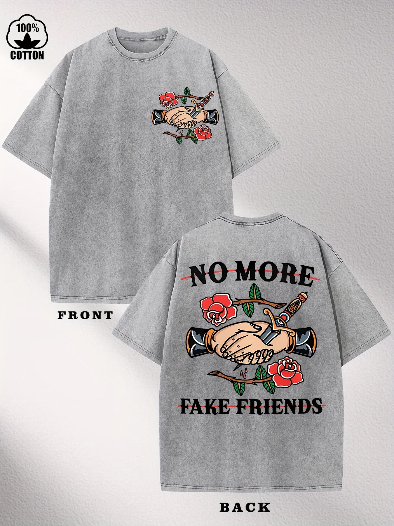 Men's "No More Fake Friends" Printed Blue Denim T-Shirt - Lightweight Washed Cotton Short Sleeve Tee, Casual Round Neck Summer Top with Slogan, Machine Washable for Casual Attire & Outdoor Outfits