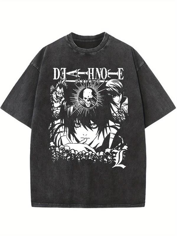 Japanese comic T-shirt Death Note pattern vintage washed high-quality cotton men's round neck short sleeve T-shirt, casual T-shirt, off-shoulder sleeves casual comfortable lightweight summer top Menswear Distressed