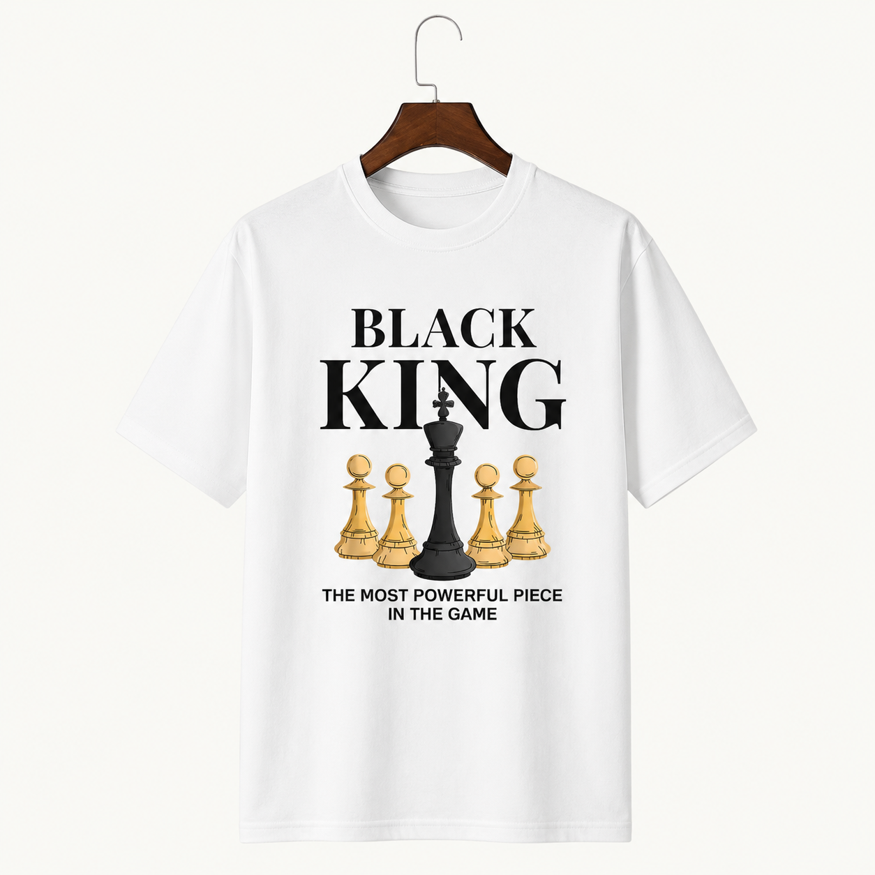 American Streetwear Style "Black King" Theme T-Shirt – Loose-Fit Casual Unisex Tee with Checkerboard & Chess Piece Print