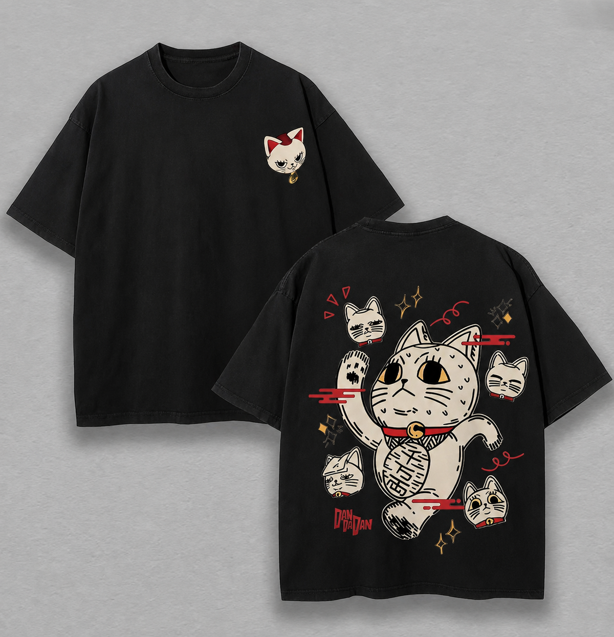 Vintage-Wash Short-Sleeve T-Shirt | *Dandadan* Maneki-neko Double-Sided Anime Print – Unisex Oversized Fit