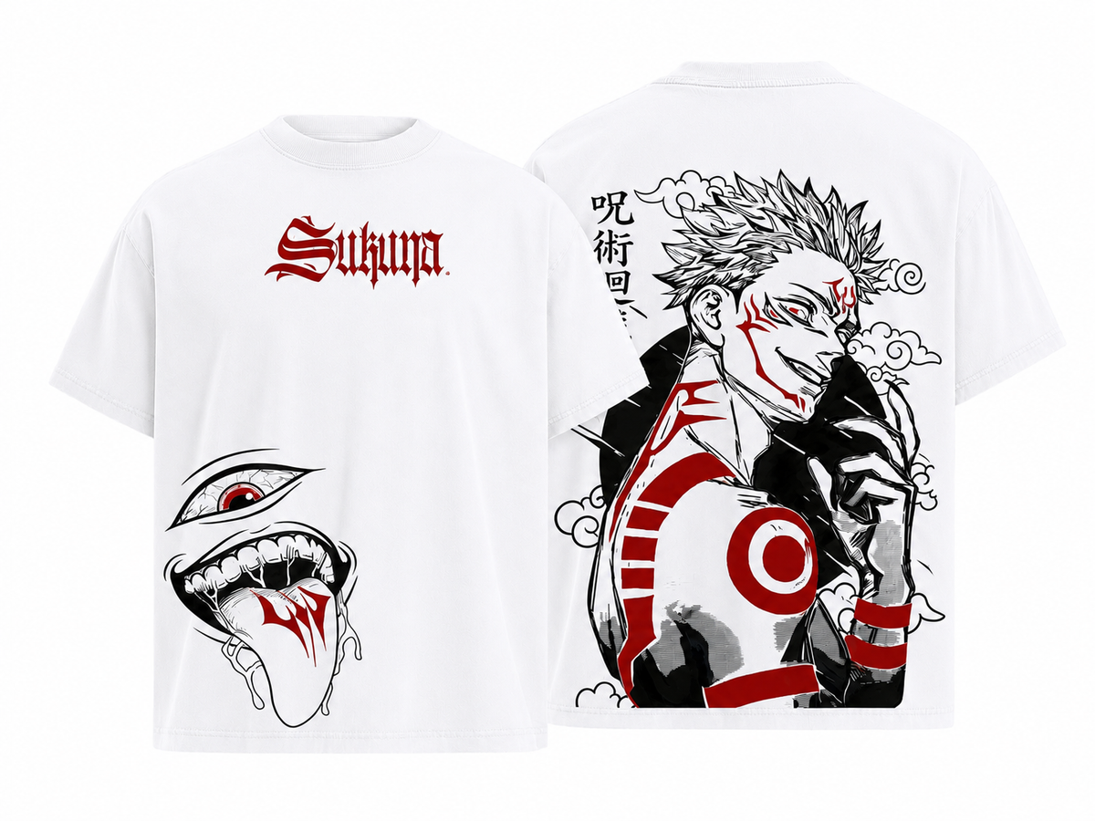 American-style acid-washed distressed Jujutsu Kaisen double-sided Sukuna print short-sleeved T-shirt, heavy-duty wash, oversized retro high-street anime unisex T-shirt.