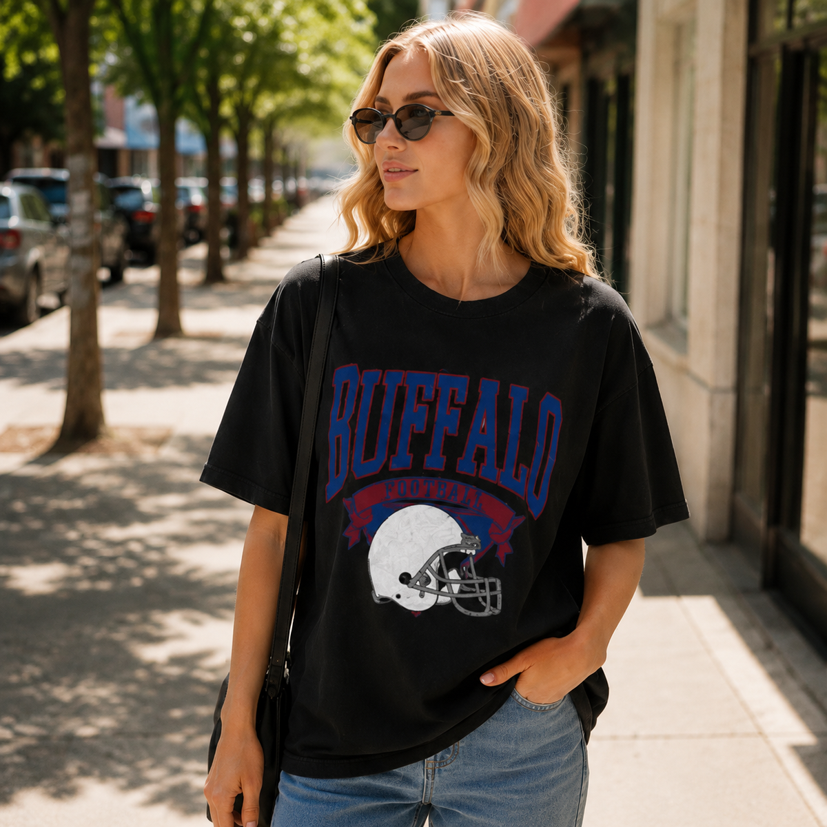 Buffalo Football Vintage Helmet Washed Cotton T-Shirt – Women's Oversized American Sporty Style Short Sleeve