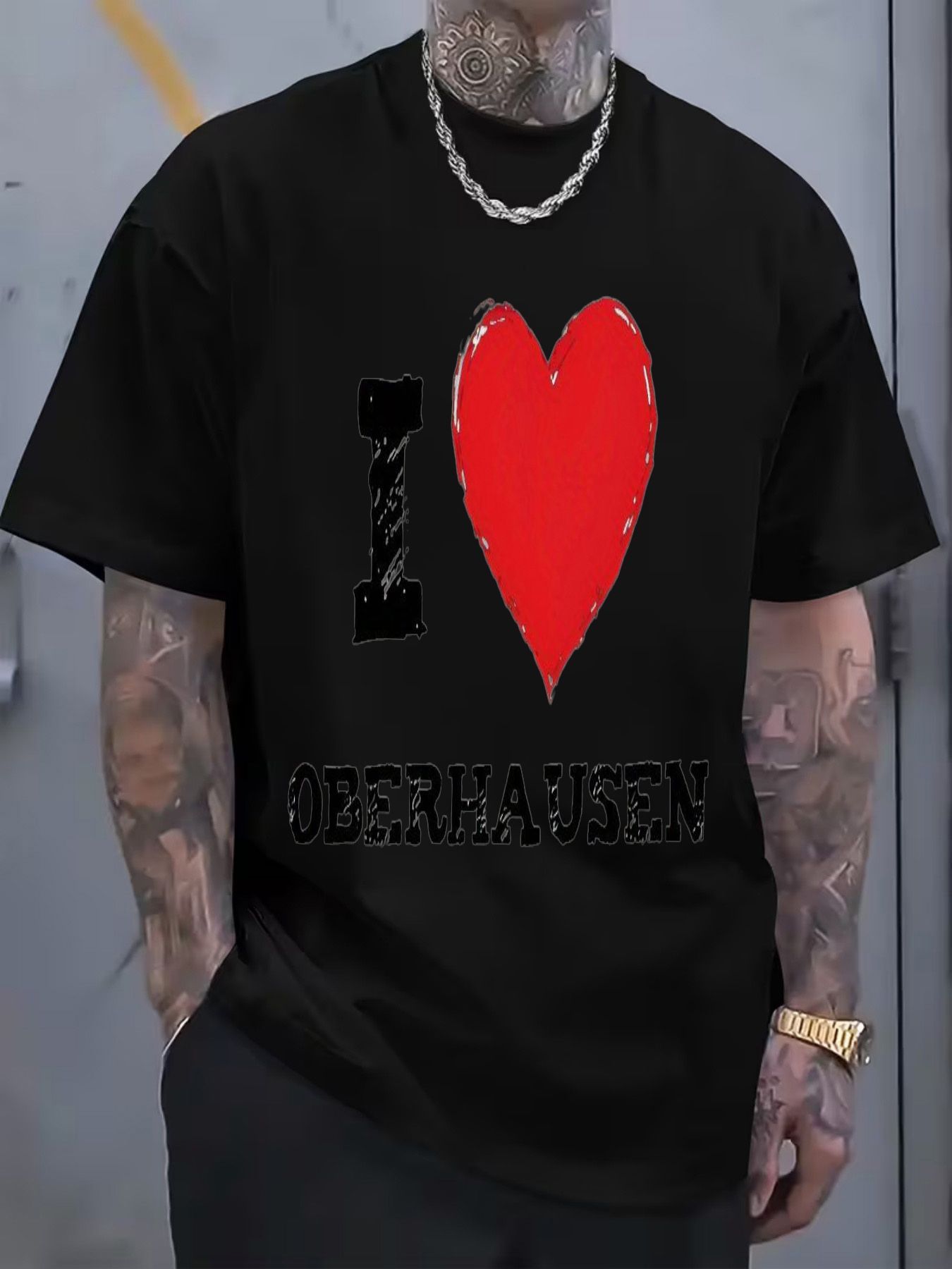 I Heart (Textured Heart) Oberhausen Printed Cotton T-Shirt - Casual Short Sleeve, Soft Breathable Summer Tee for Men with Distressed Graphic, Perfect for Daily Wear Stylish Outfits