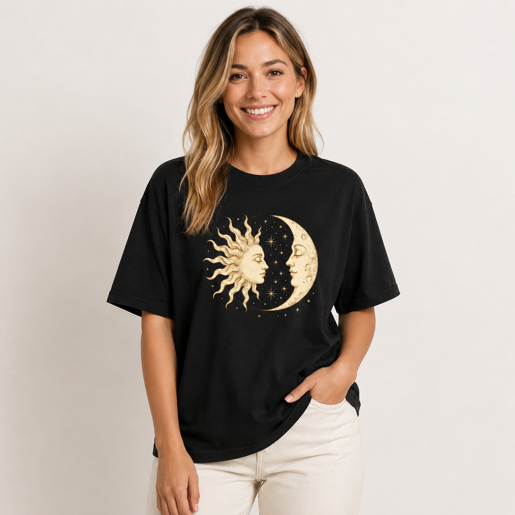 Oversized Black 100% Cotton T-Shirt with Vintage-Style Mystical Sun, Moon, and Star Print – Celestial/Astrology Theme