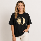 Oversized Black 100% Cotton T-Shirt with Vintage-Style Mystical Sun, Moon, and Star Print – Celestial/Astrology Theme