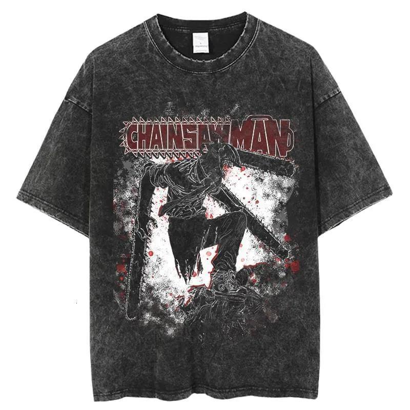 Men's T-Shirts Anime Chainsaw Man Men T-shirtd 100% Cotton Washed T Shirt Unisex Streetwear Retro Tees Harajuku Casual Pochita Tops Y2K Clothes 230621