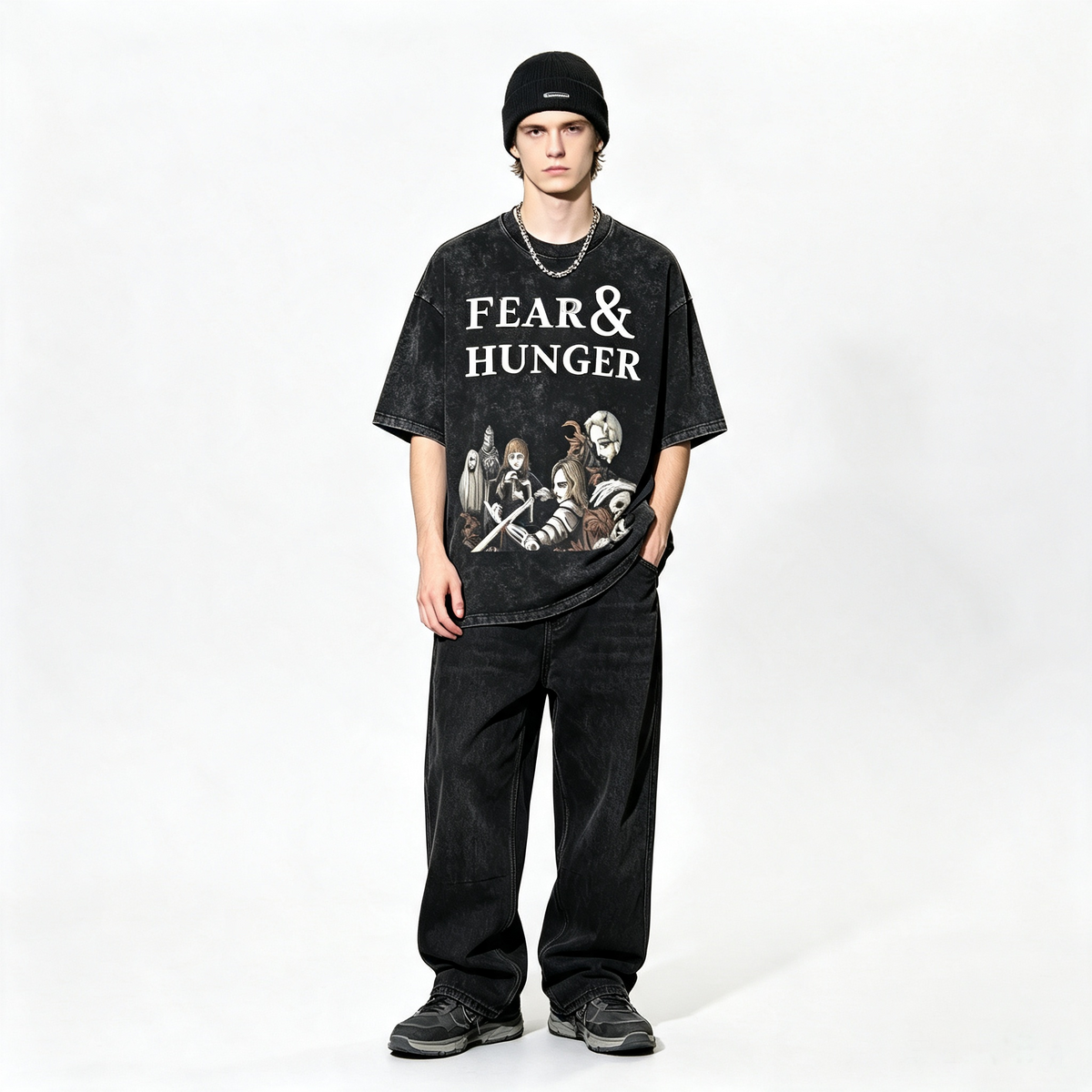 Washed and distressed Fear & Hunger themed short-sleeved T-shirt, American retro heavyweight loose high-street style, oversized, unisex.