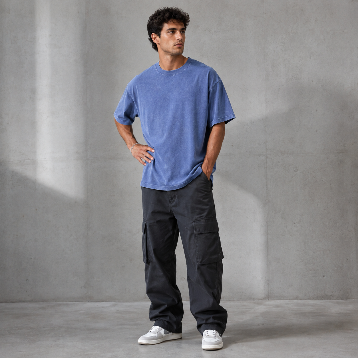 Vintage-Wash Blue Oversized T-Shirt | American Streetwear Heavyweight Cotton Short-Sleeve Tee